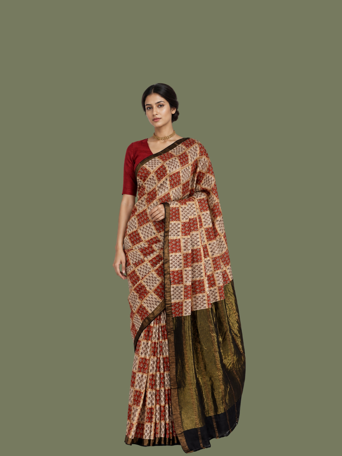 Parvai Hand-Block Printed Venkatagiri Cotton Sari
