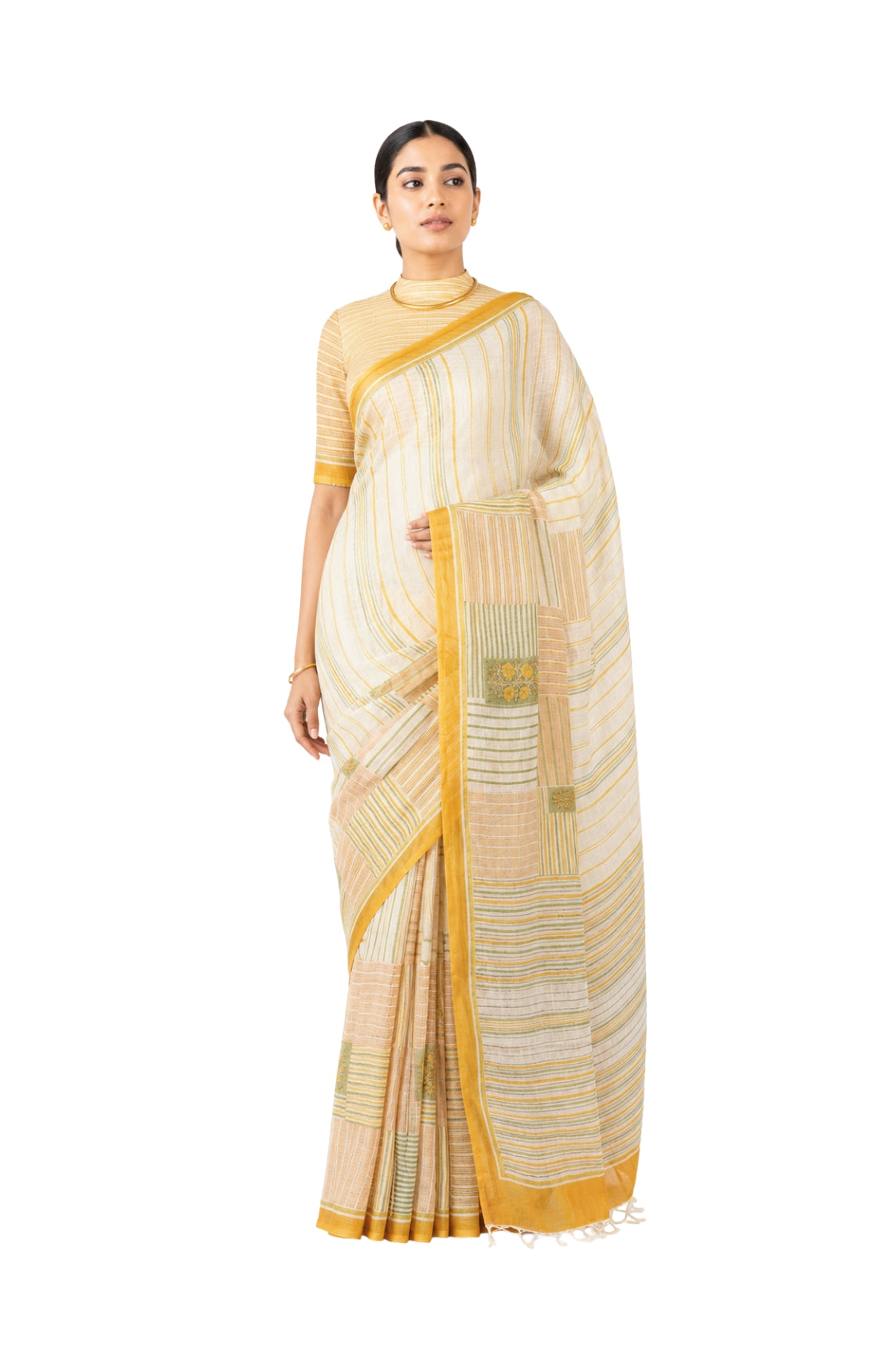 Parvai Block Printed Linen Sari - Raag