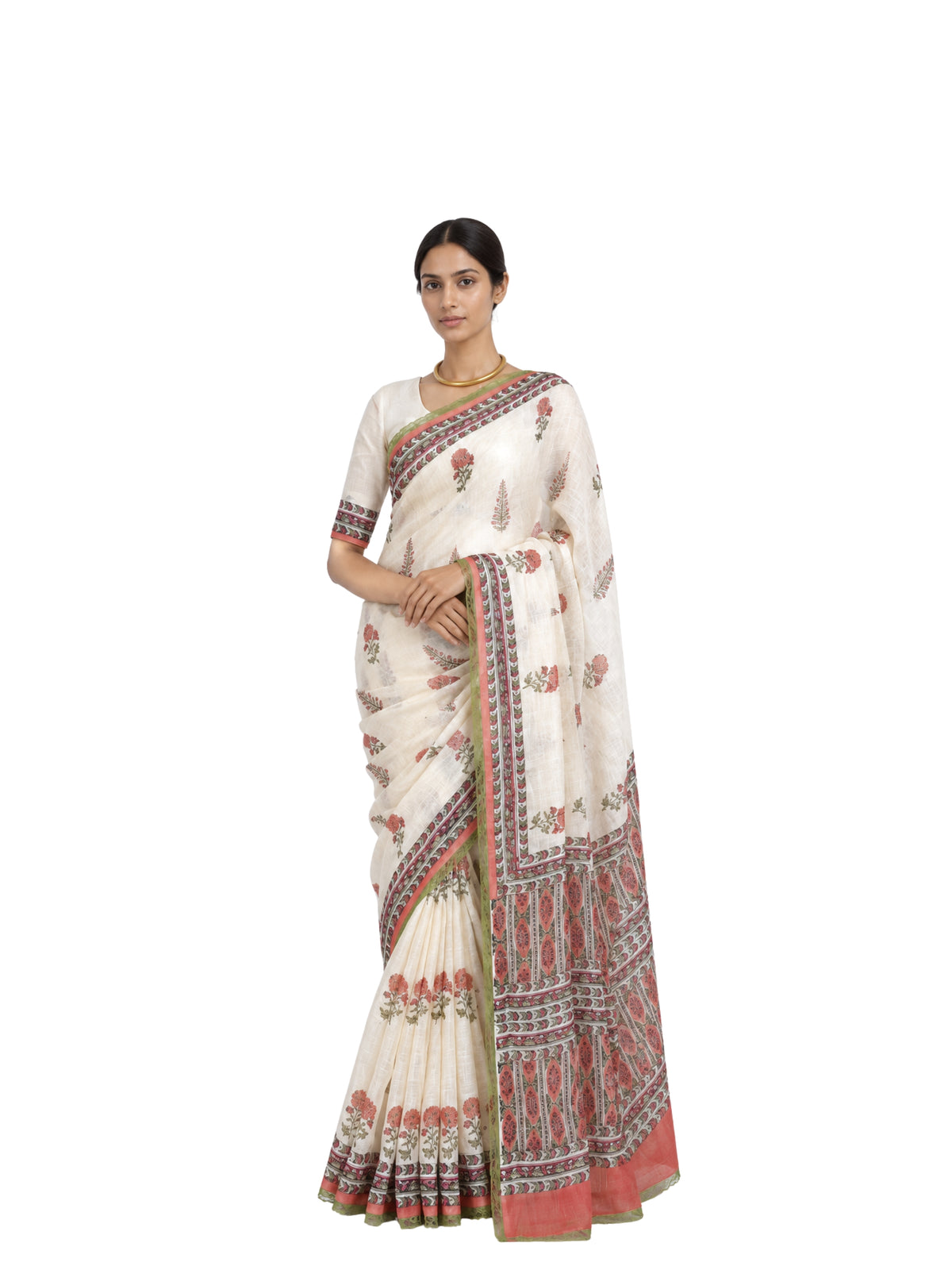 Parvai Block Printed Linen Sari - Raag