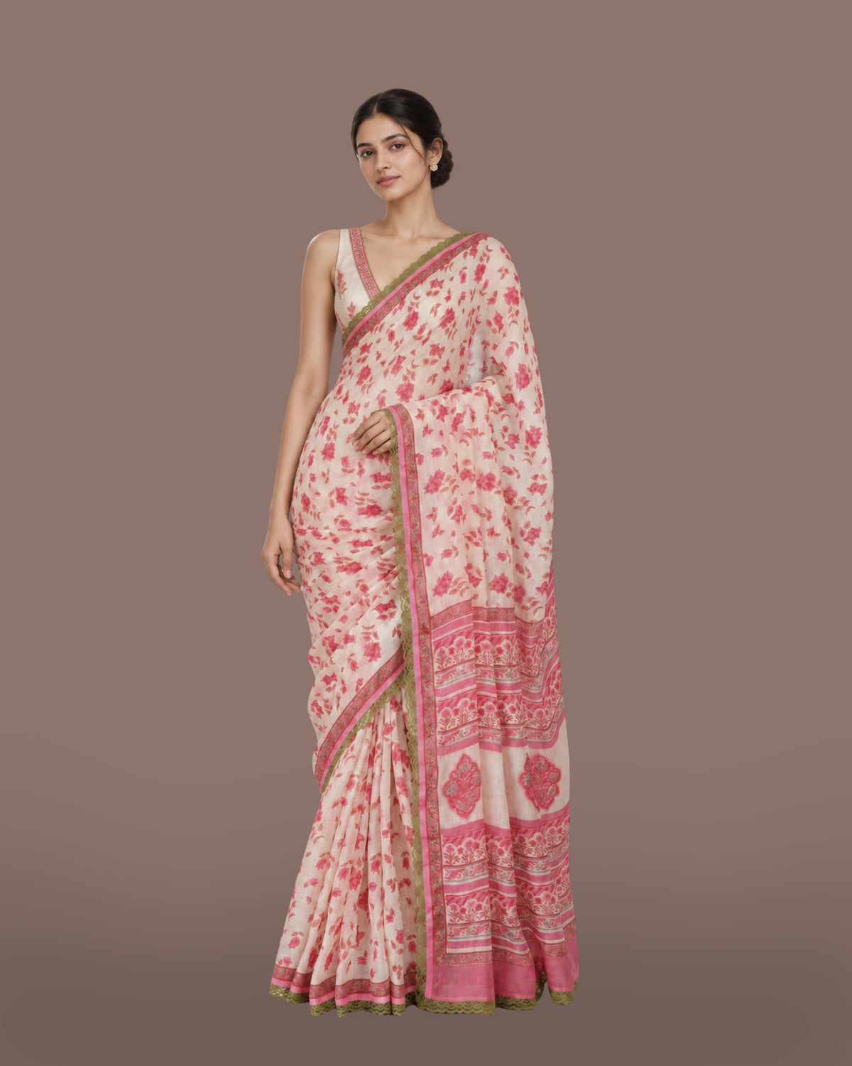 Parvai Block Printed Linen Sari - Raag