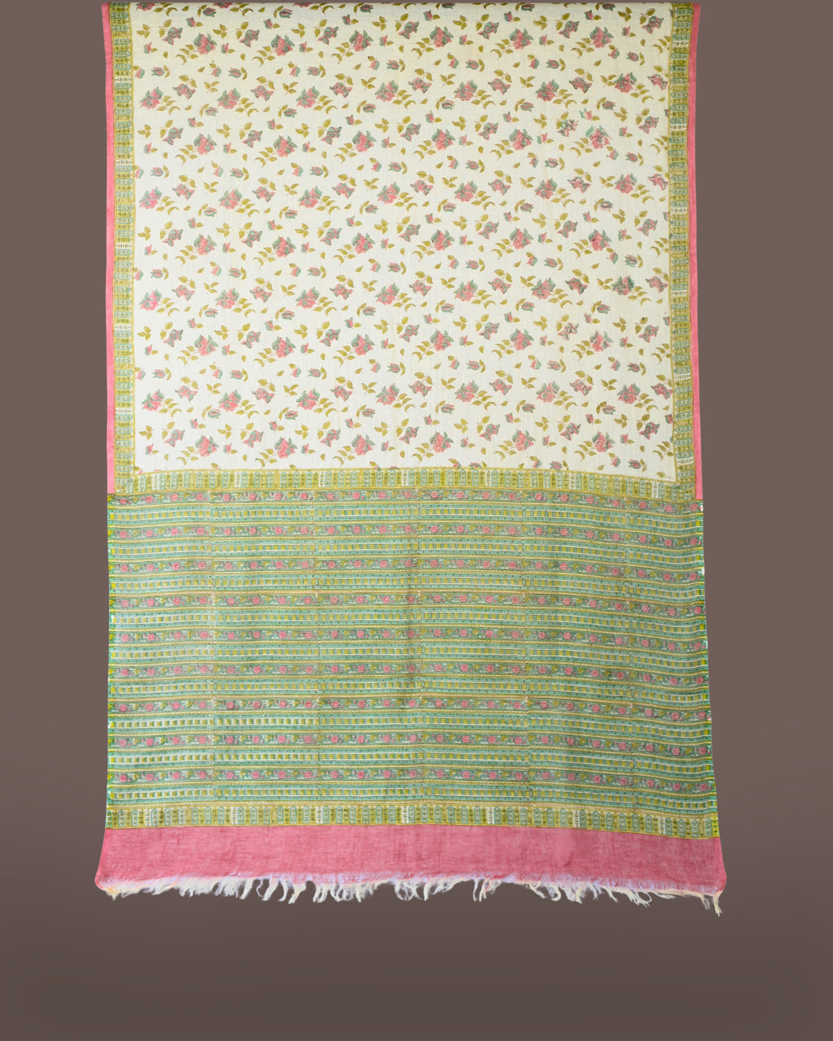 Parvai Handwoven & Hand Block Printed Pure Linen Sari