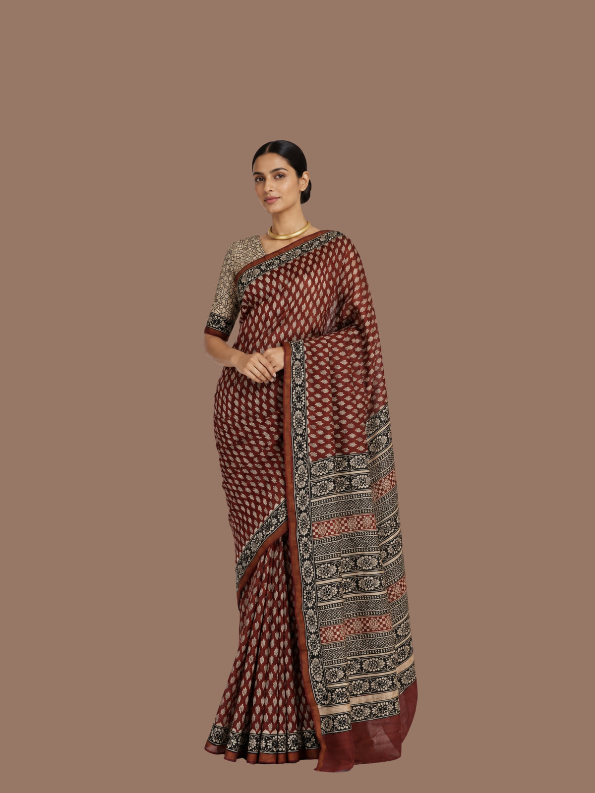 Parvai Heritage Bagru Hand Block Printed Silk Cotton Sari