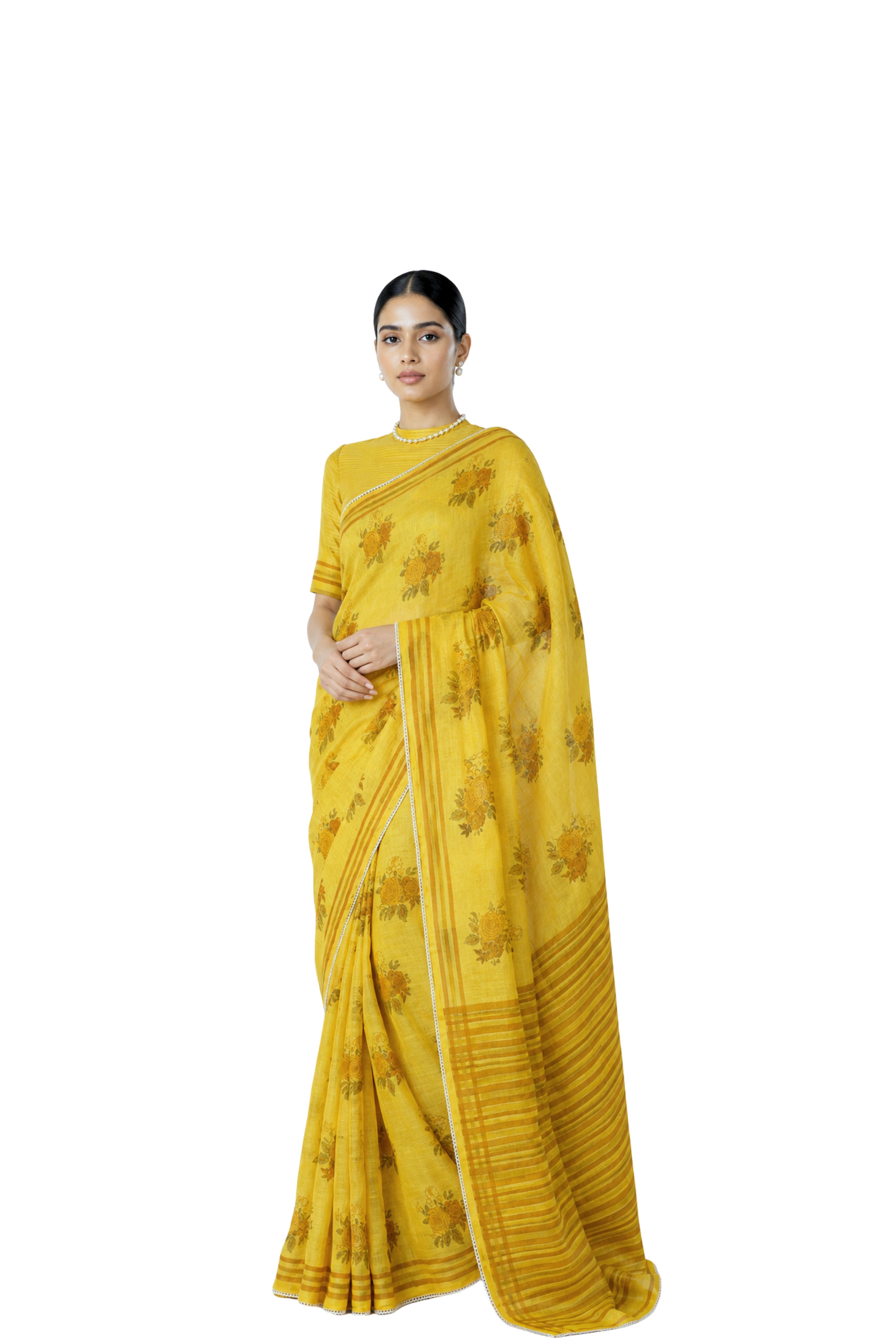 Parvai Block Printed Linen Sari - Raag