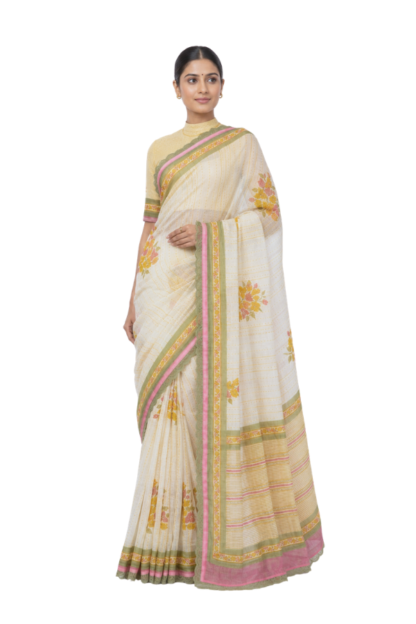 Parvai Block Printed Linen Sari - Commisioned Works