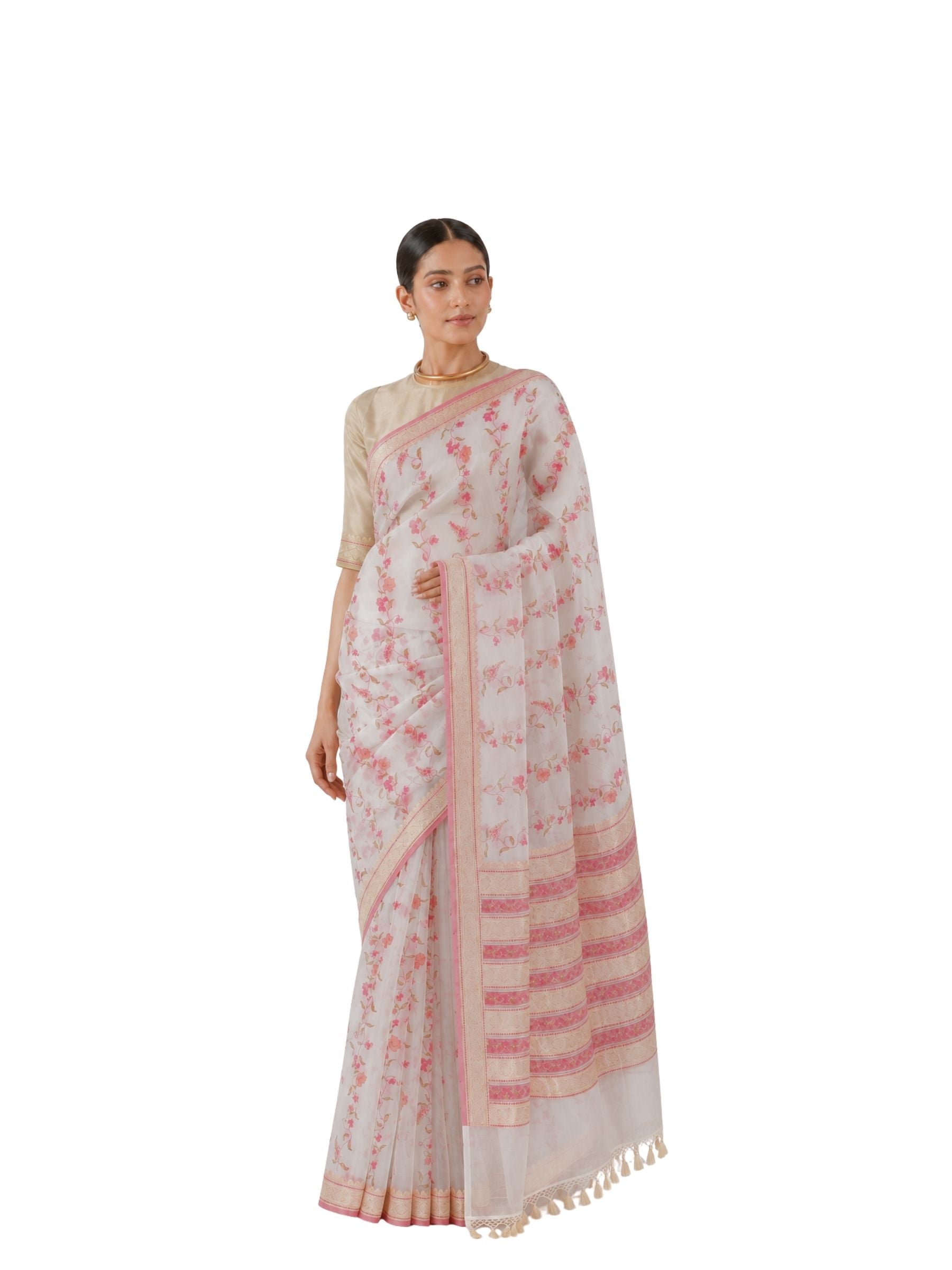 Parvai Block Printed Organza Silk Sari : Vasanthi