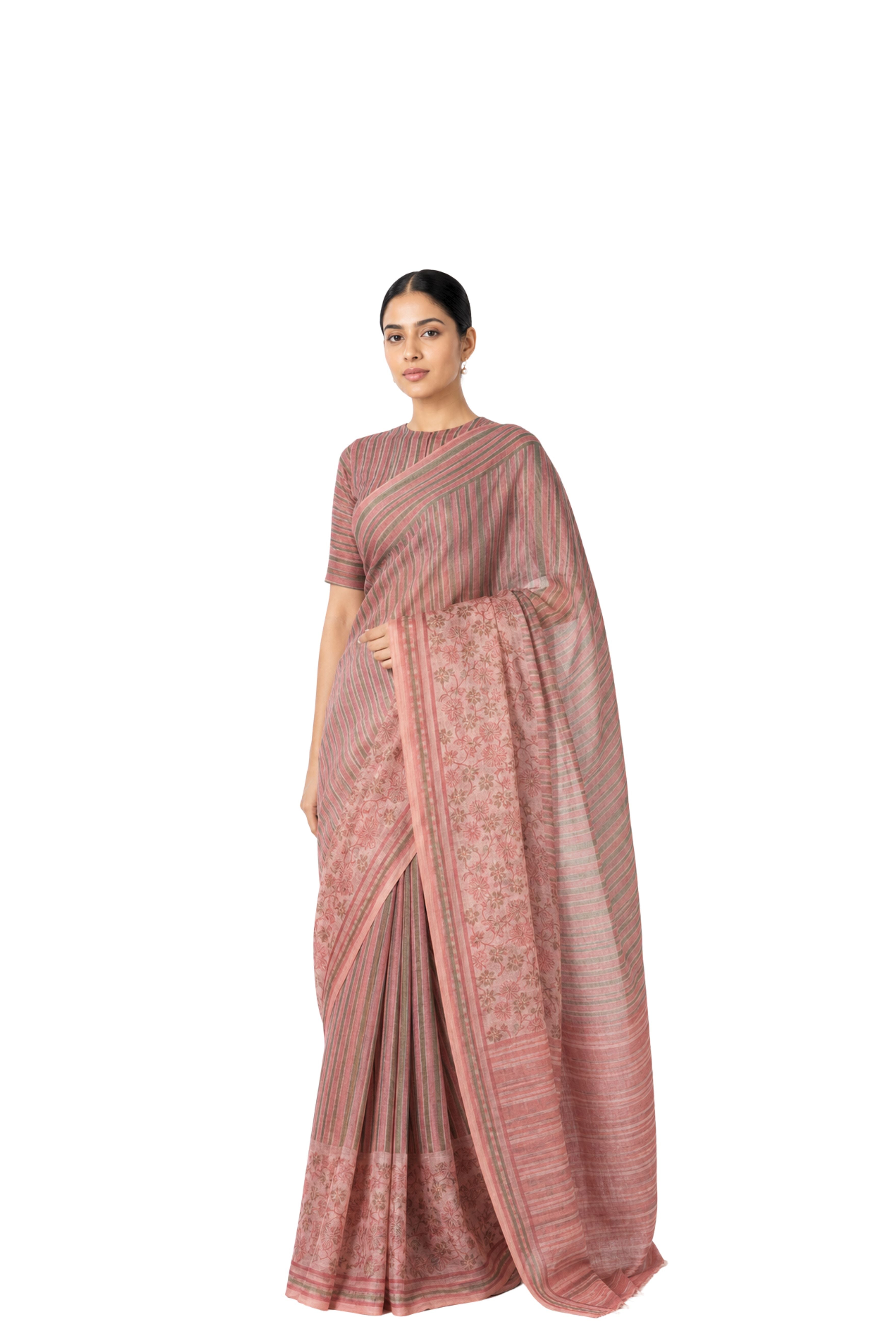 Parvai Block Printed Linen Sari - Raag