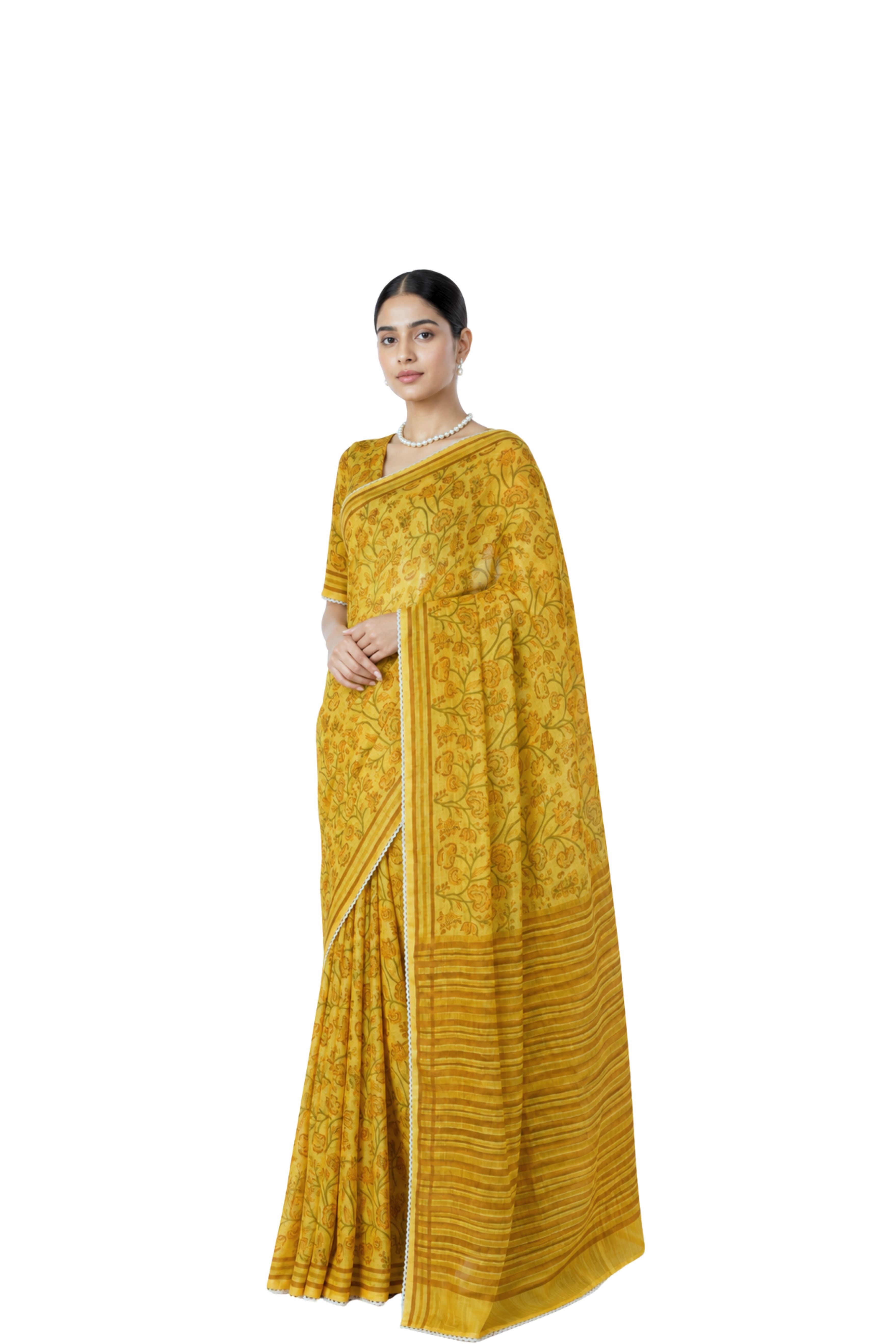 Parvai Block Printed Linen Sari - Raag