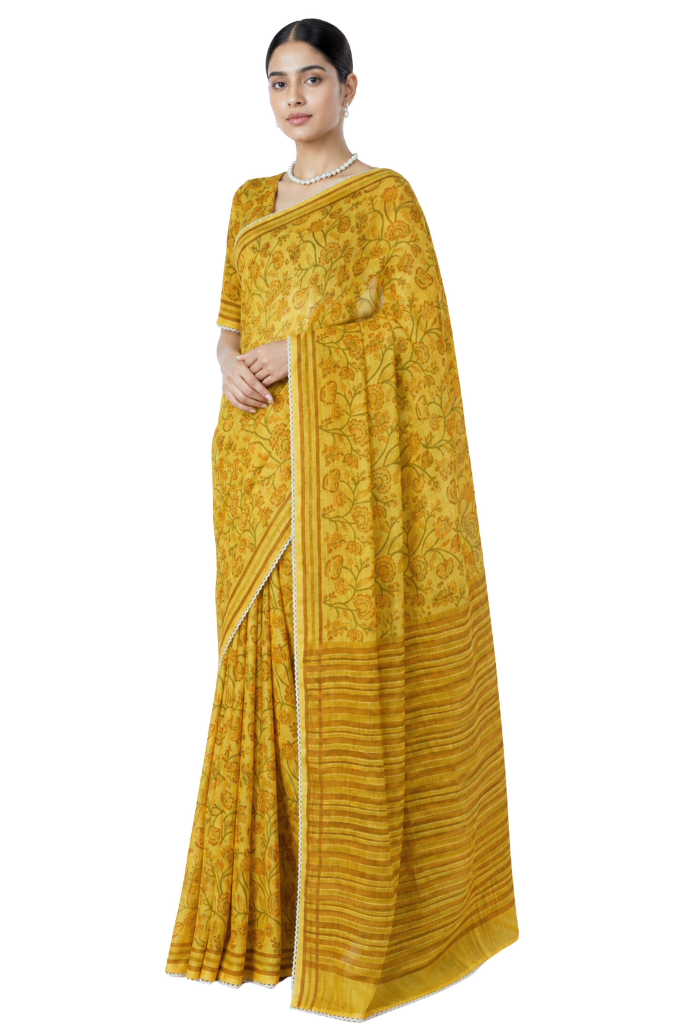 Parvai Block Printed Linen Sari - Raag
