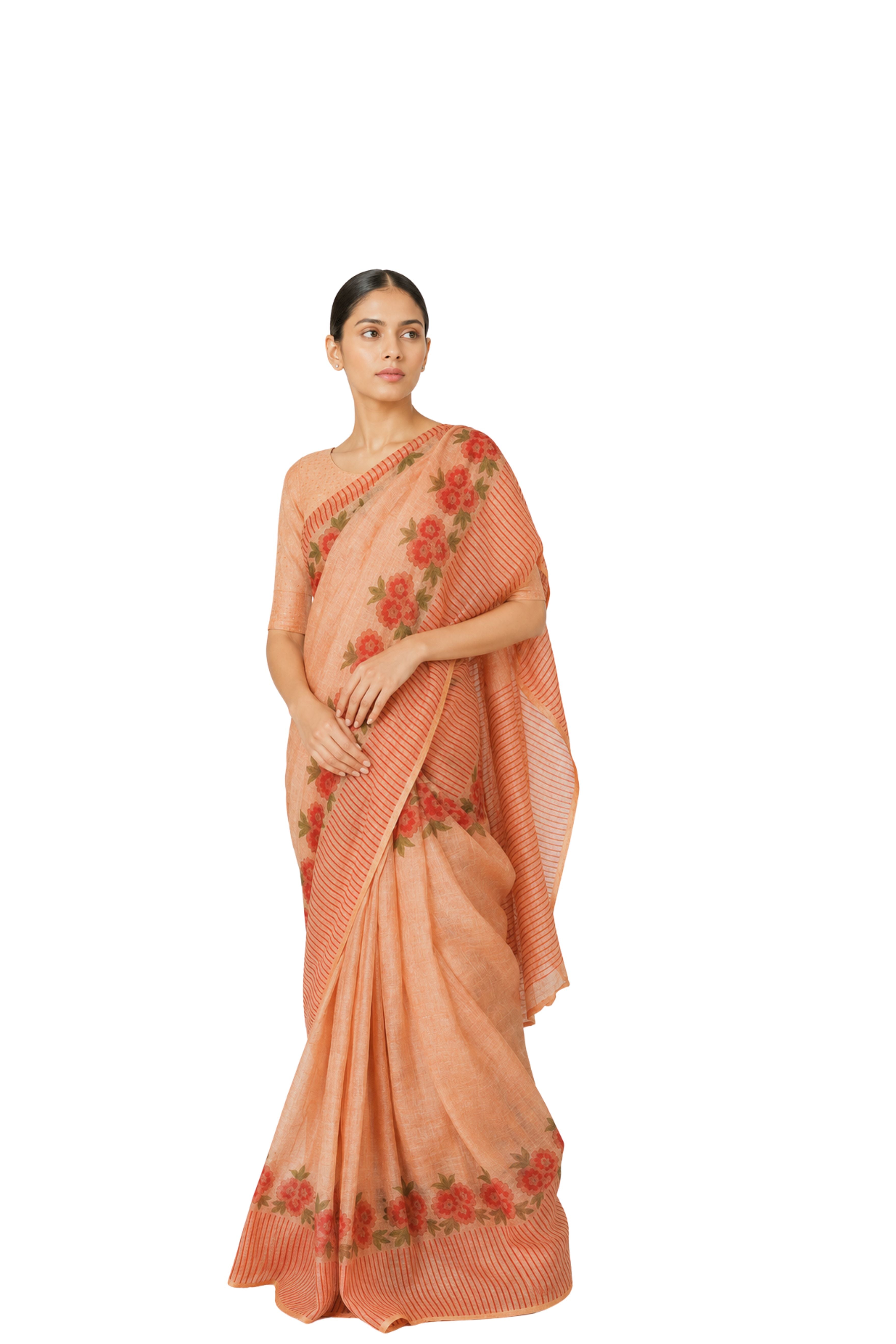 Parvai Block Printed Linen Sari - Raag