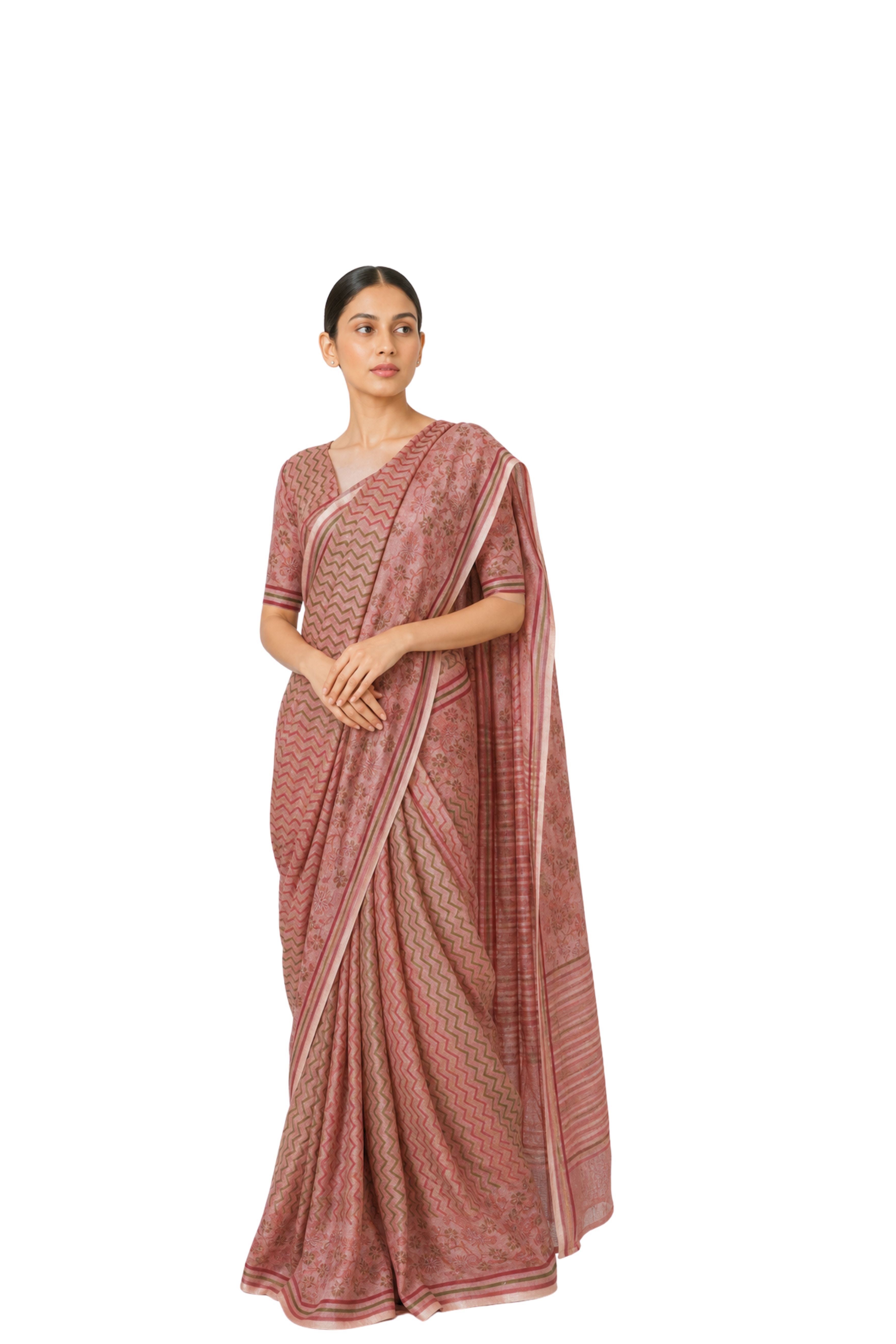 Parvai Block Printed Linen Sari - Raag