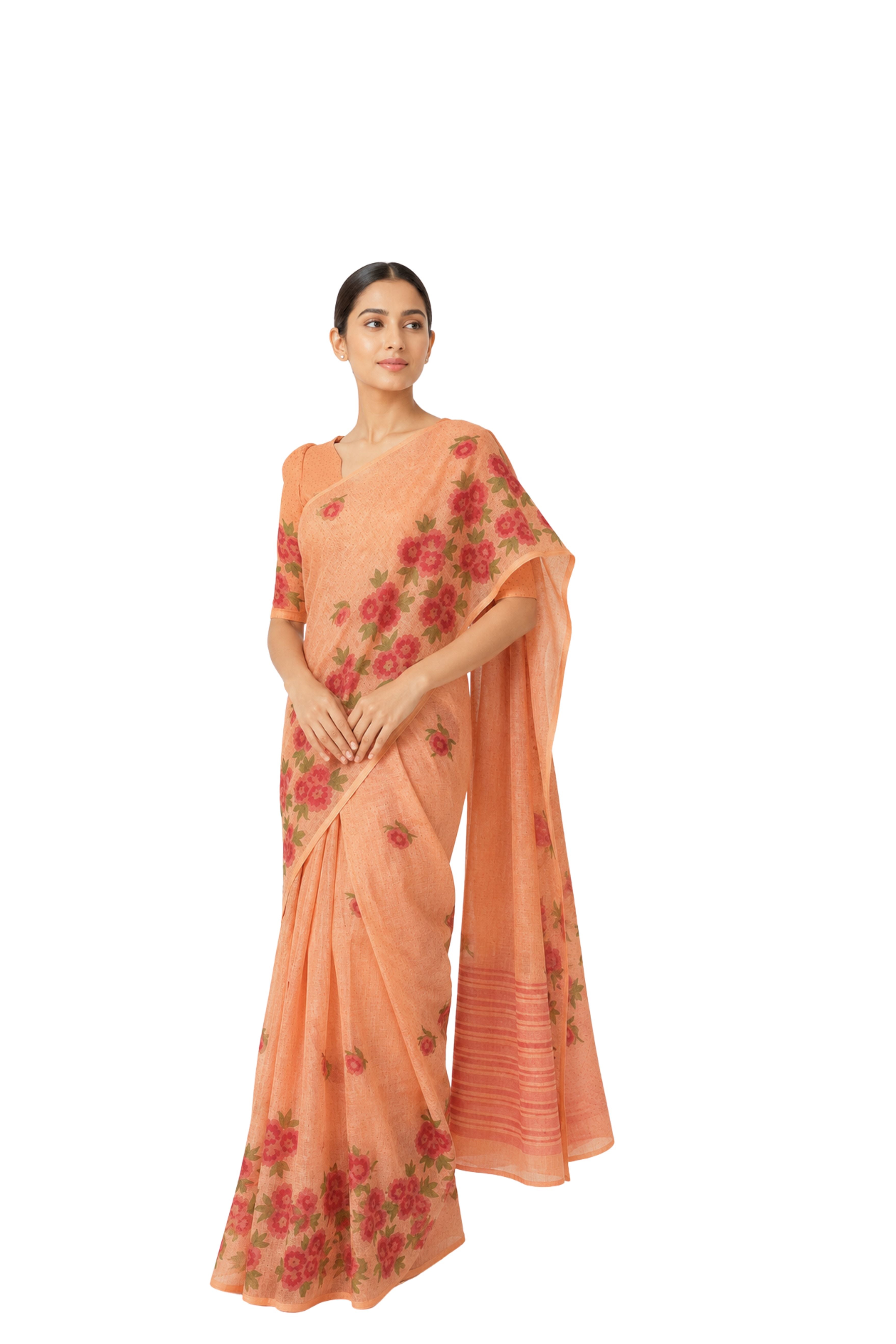 Parvai Block Printed Linen Sari - Raag