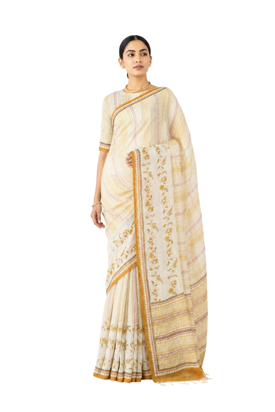 Parvai Block Printed Linen Sari - Raag