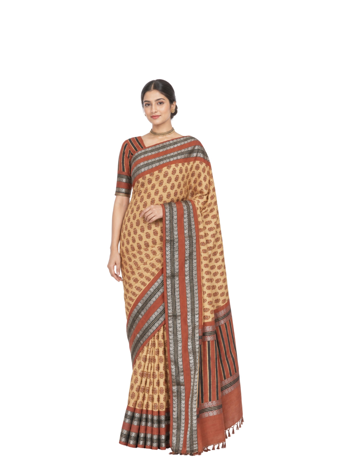 Parvai Block Printed Kancheepuram Silk Sari