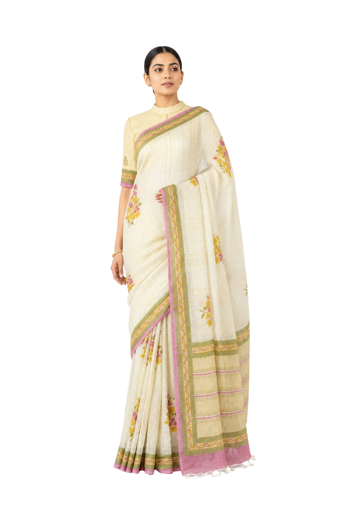 Parvai Block Printed Linen Sari - Raag