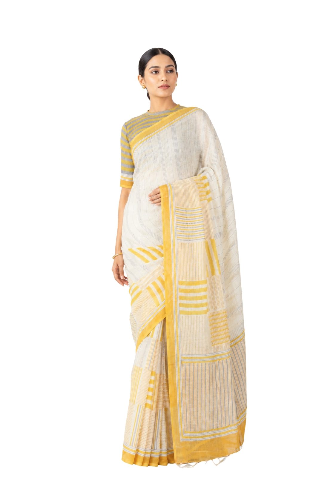Parvai Block Printed Linen Sari - Raag