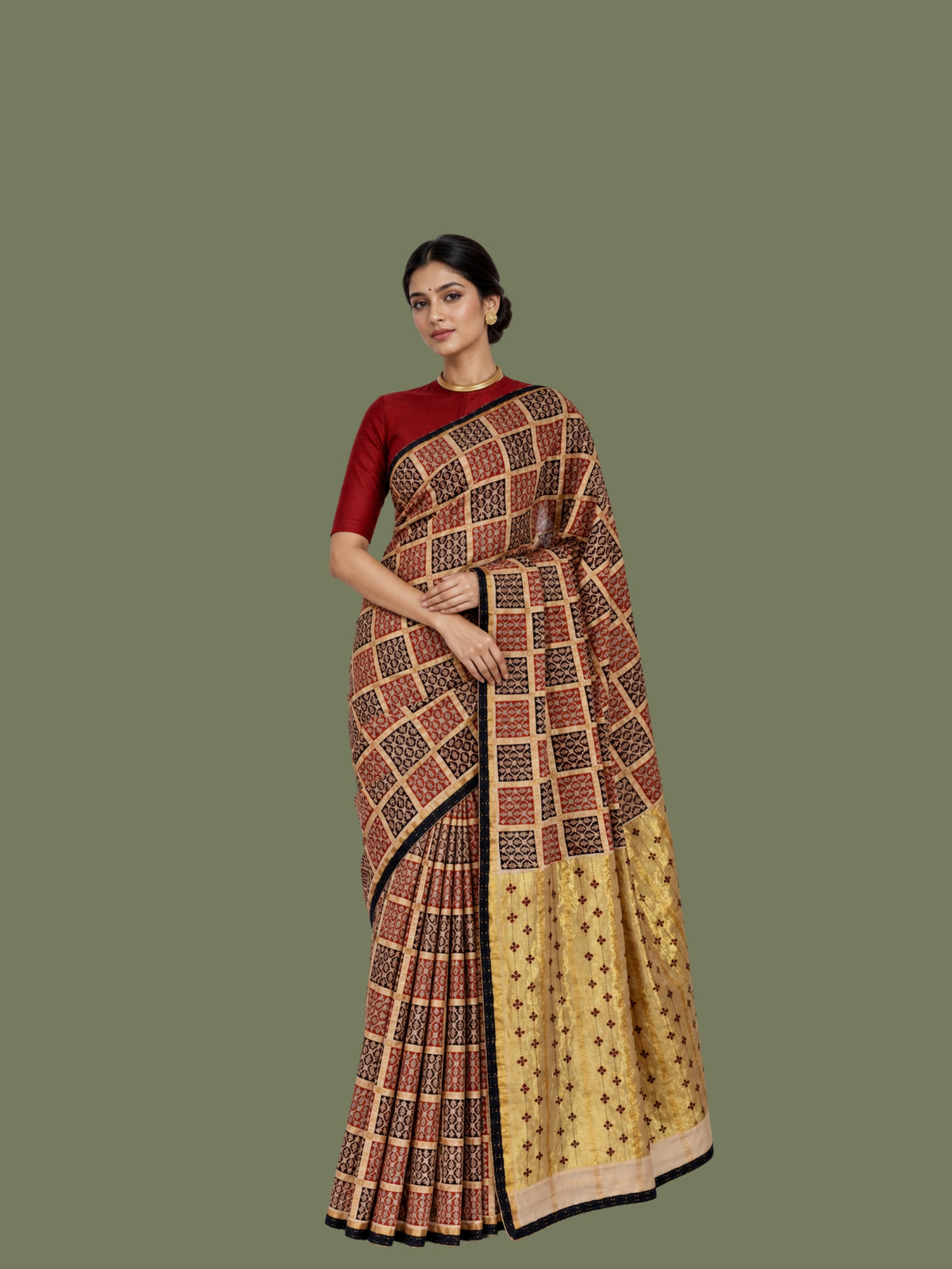 Parvai Hand-Block Printed Venkatagiri Cotton Sari