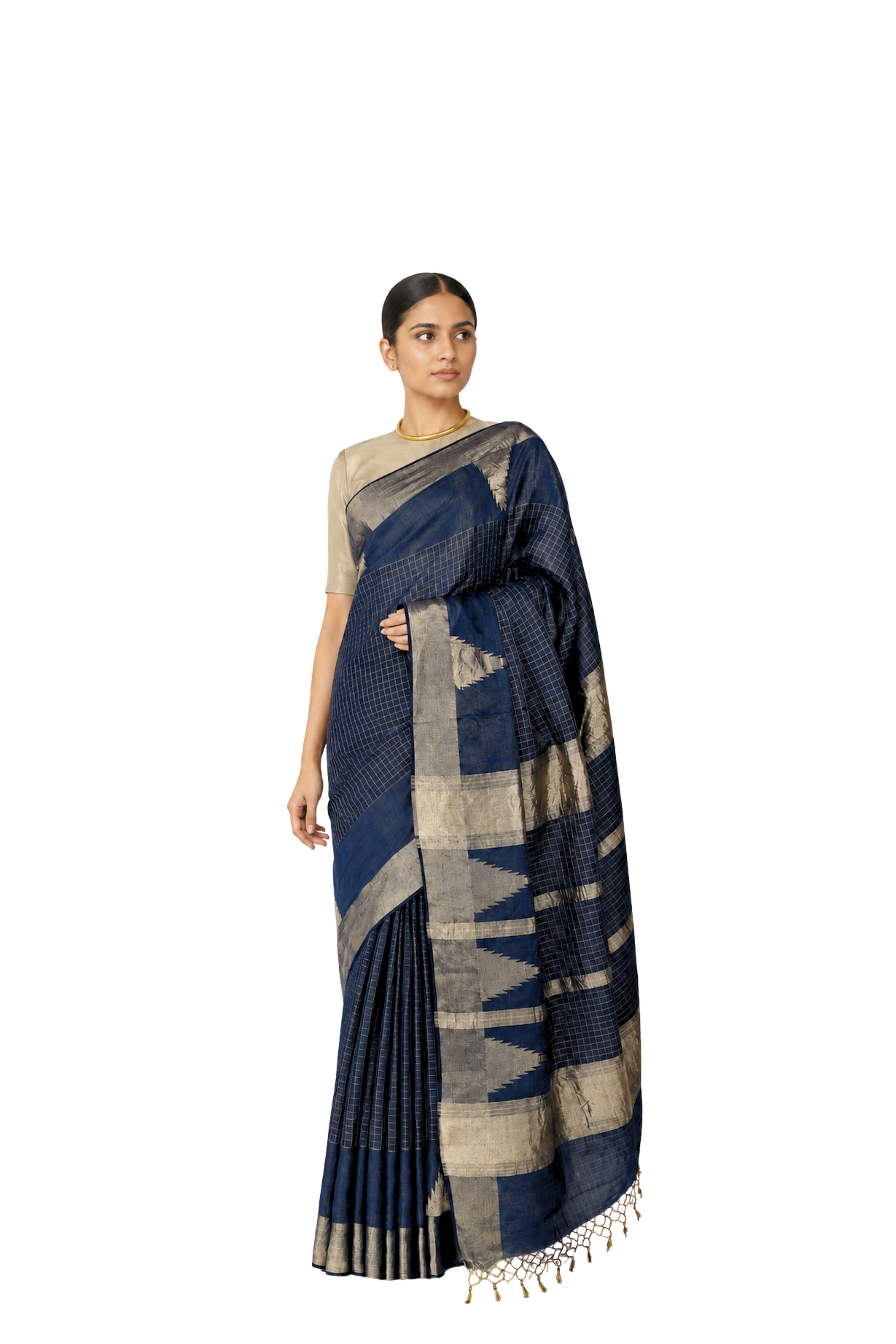 Parvai Natural Dye Cotton Tissue Sari : Indigo