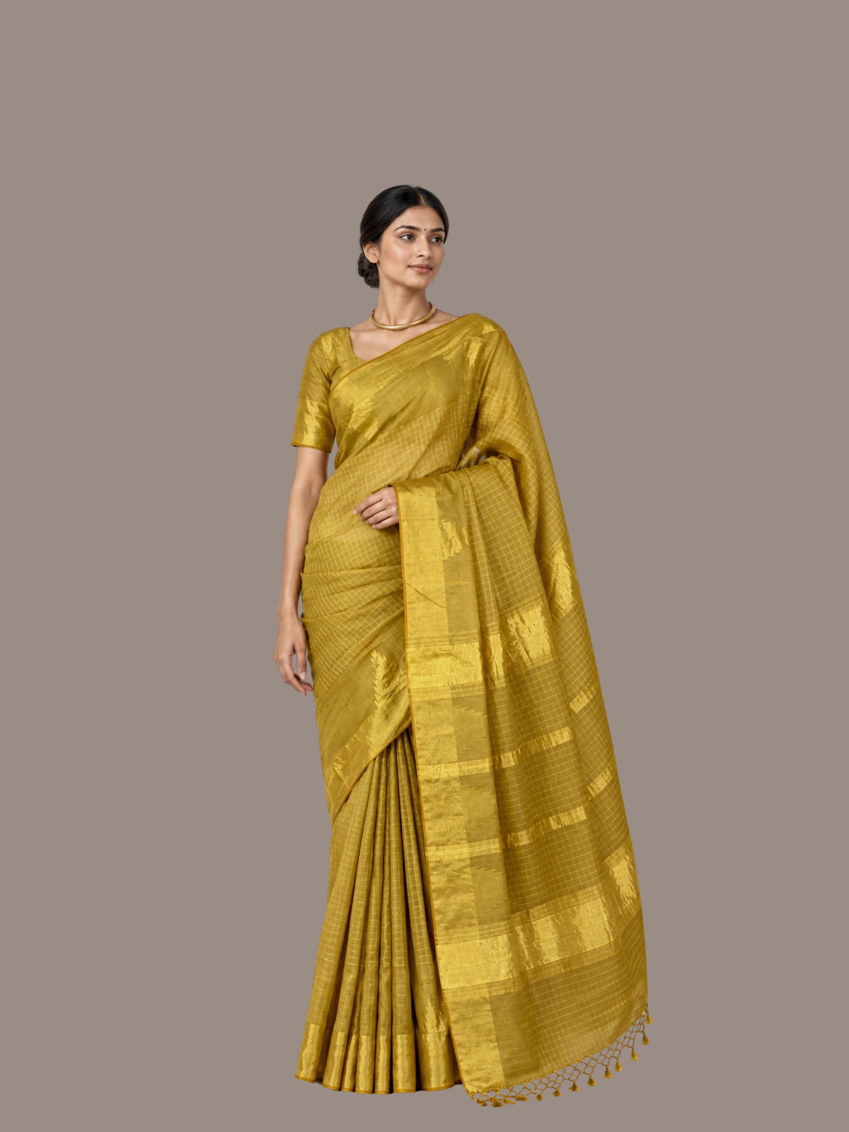 Parvai Natural Dye Cotton Tissue Sari : Mustard Yellow