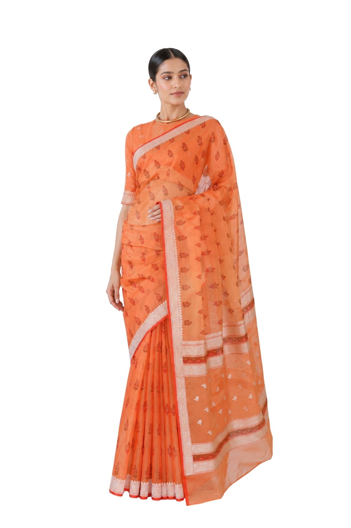 Parvai Block Printed Organza Silk Sari : Vasanthi