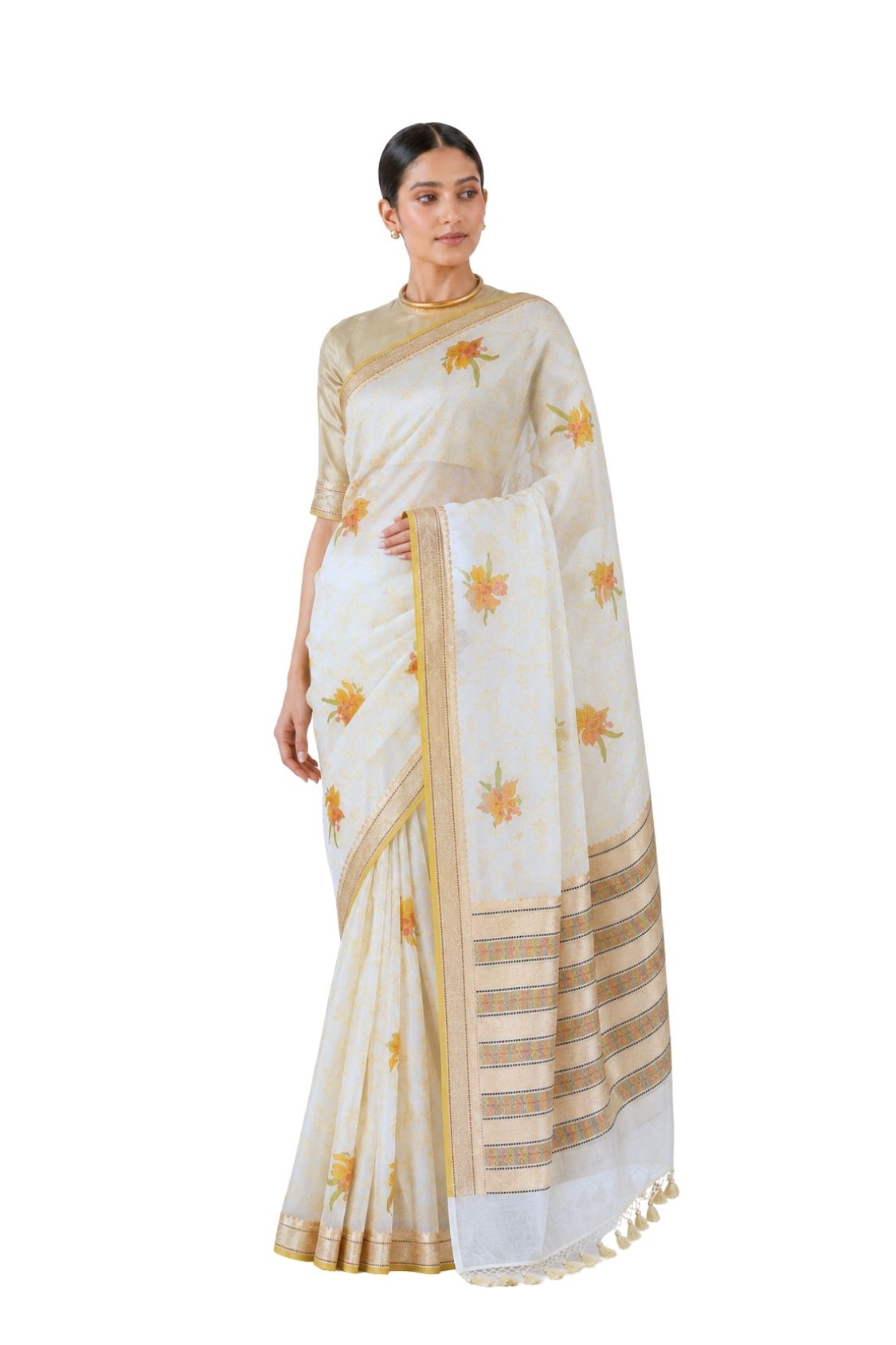 Parvai Block Printed Organza Silk Sari : Vasanthi