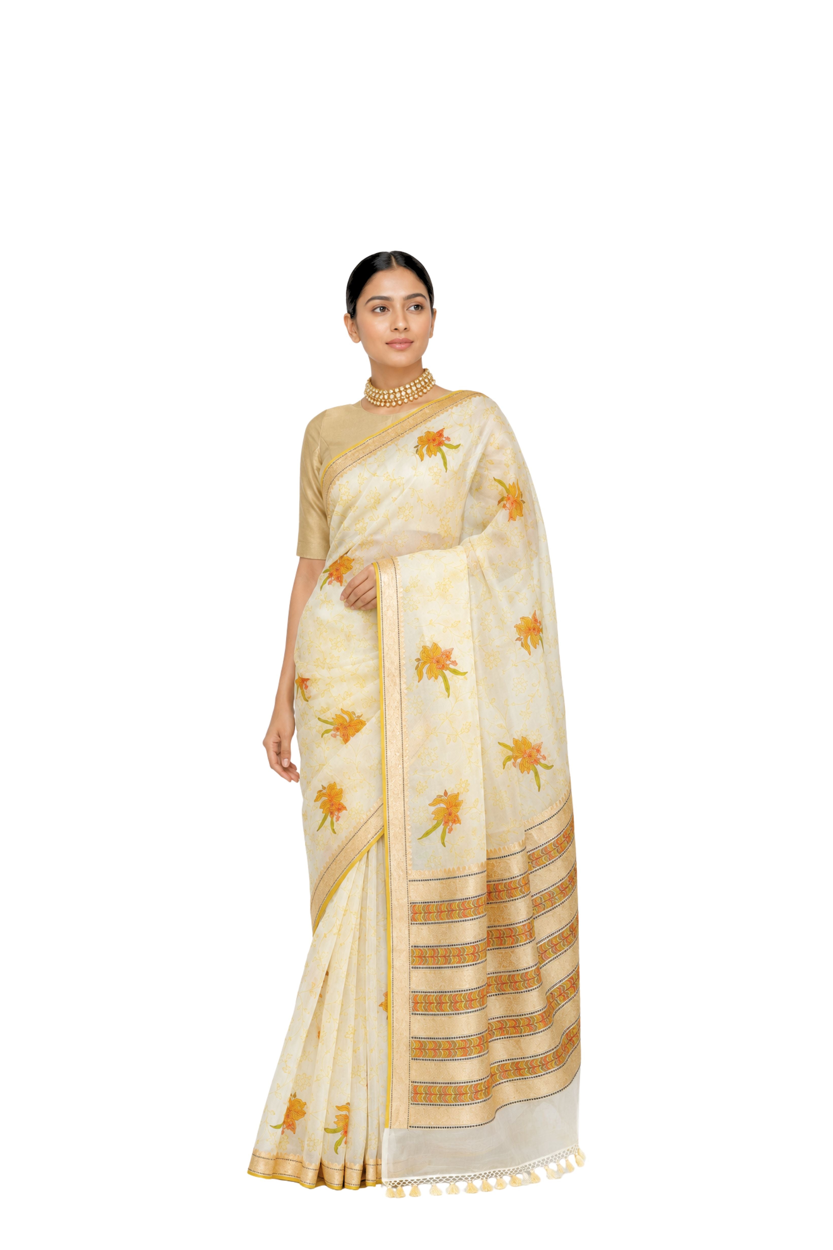 Parvai Printed Silk Organza Sari