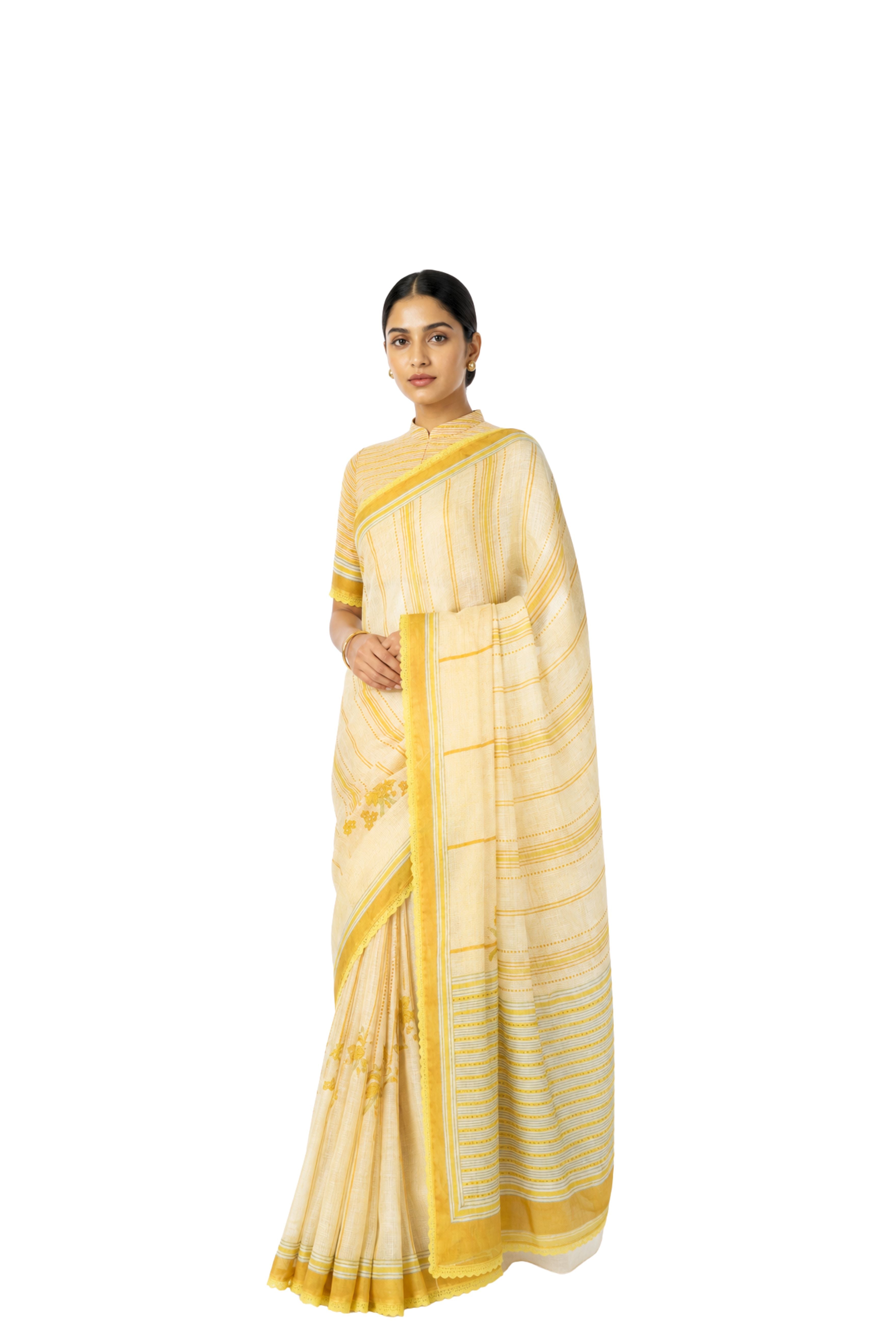 Parvai Block Printed Linen Sari - Raag