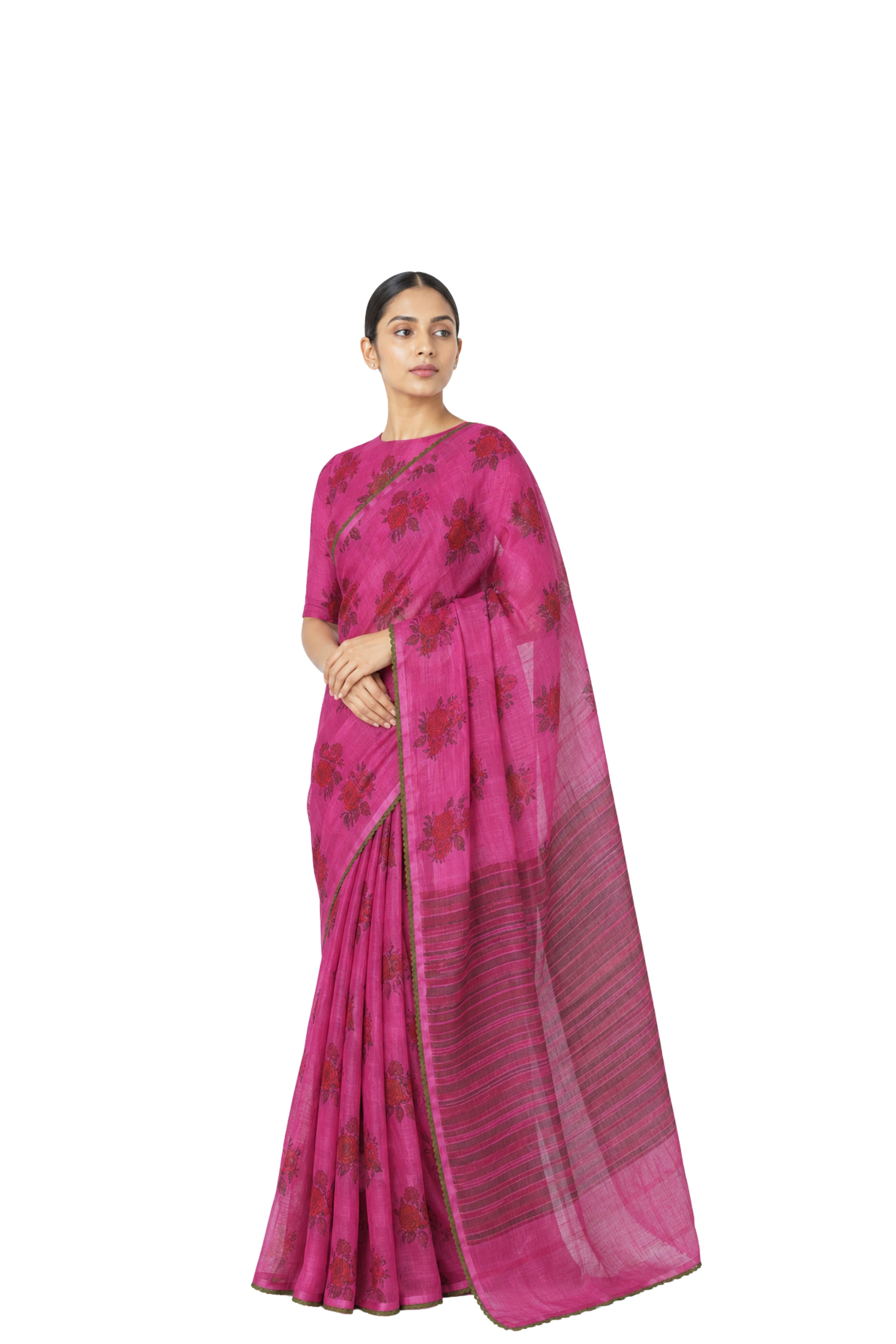 Parvai Block Printed Linen Sari - Raag