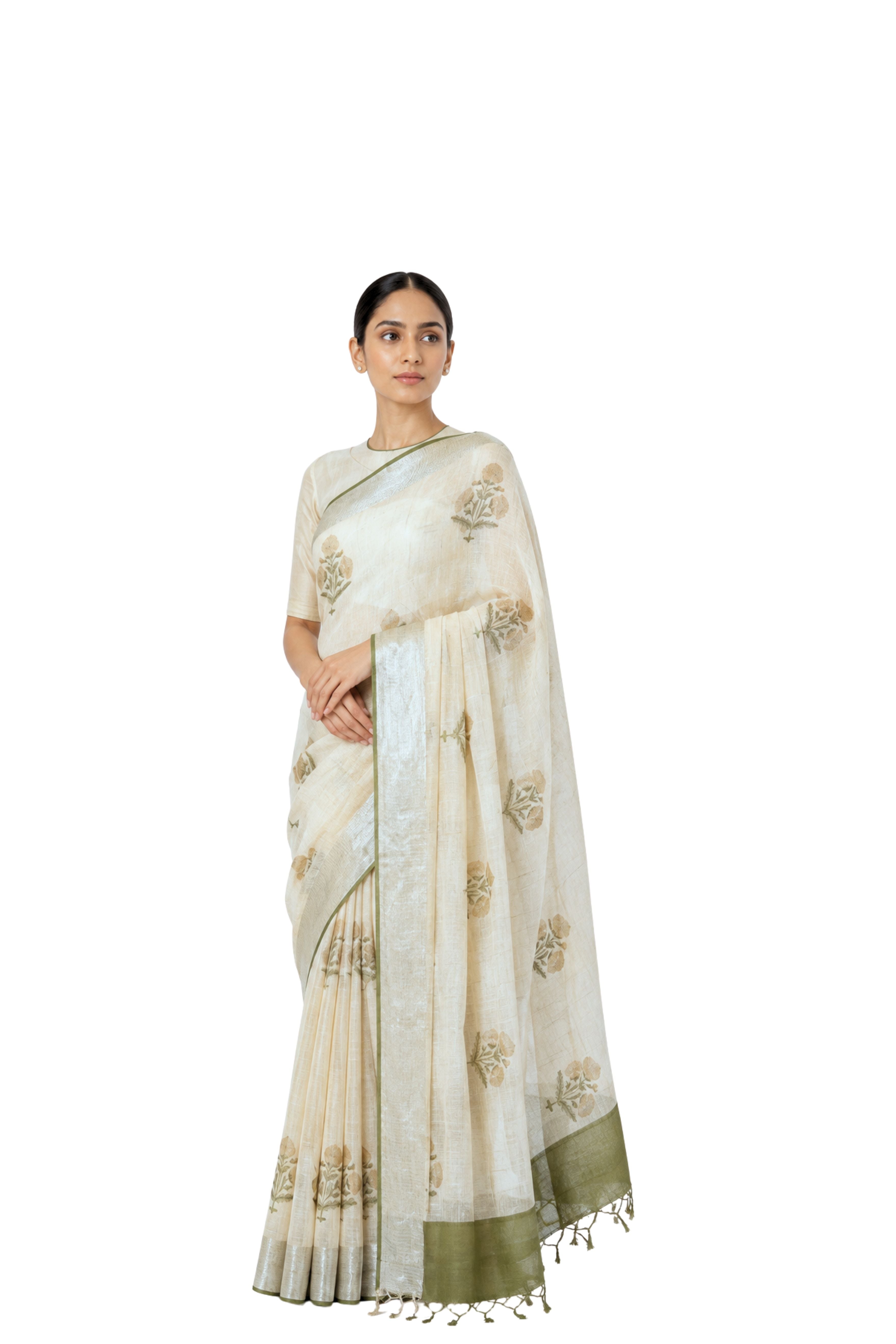 Parvai Block Printed Linen Sari - Raag