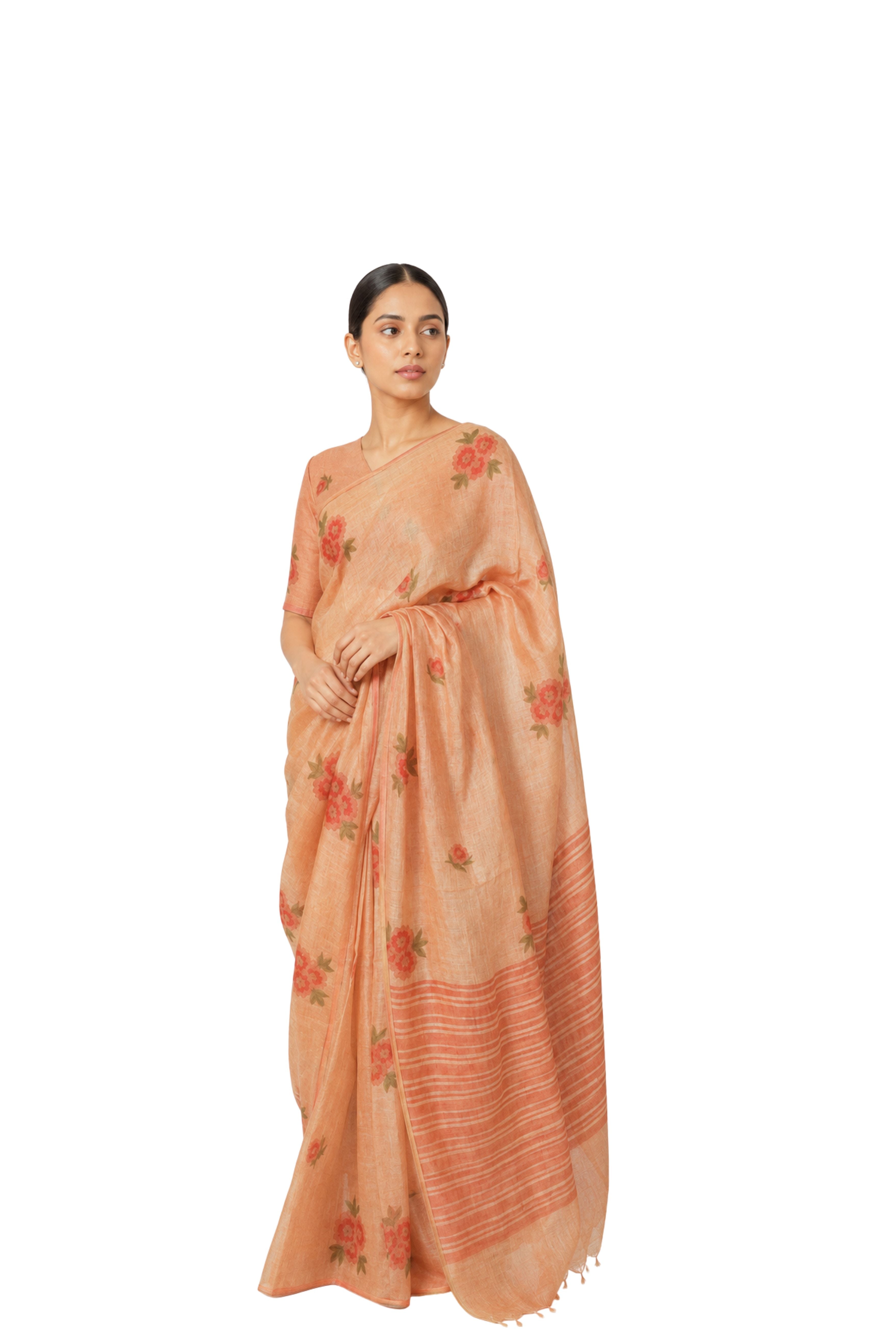 Parvai Block Printed Linen Sari - Raag