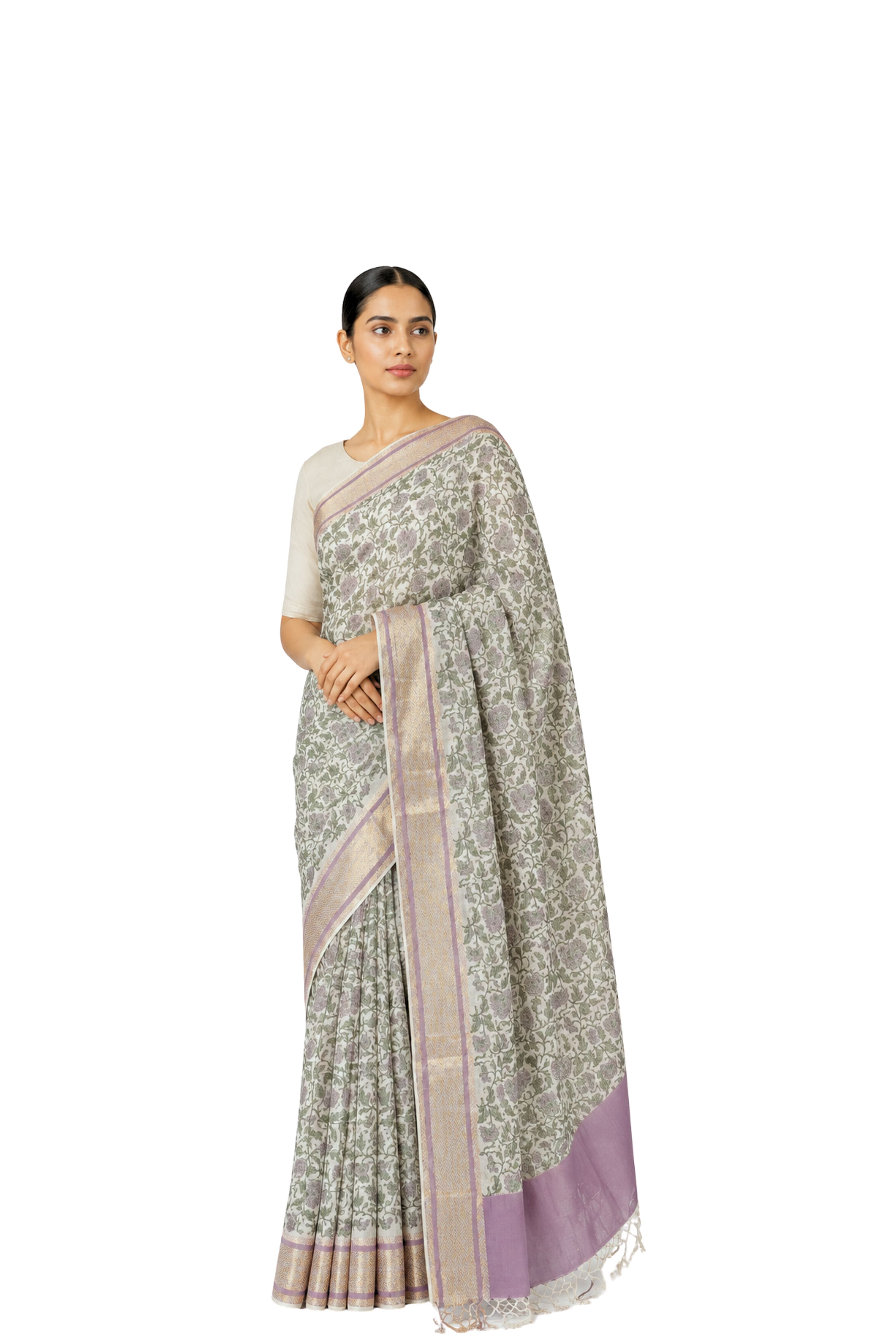 Parvai Block Printed Linen Sari - Raag